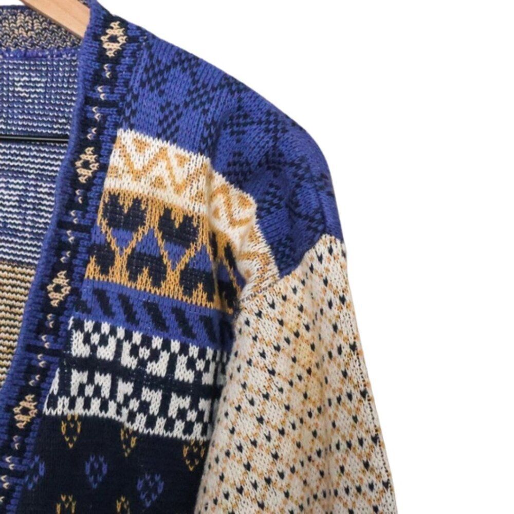 90s Fair Isle Patchwork Button up Eclectic Grandpa-core Cardigan Small - Picture 2 of 7